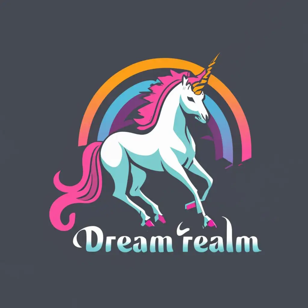 logo, A unicorn, with the text "Dream Realm", typography, be used in Entertainment industry