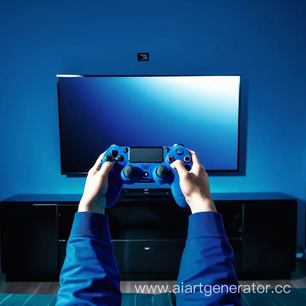 room with a large television on the wall. Hands holding a PS4 joystick. room of blue color