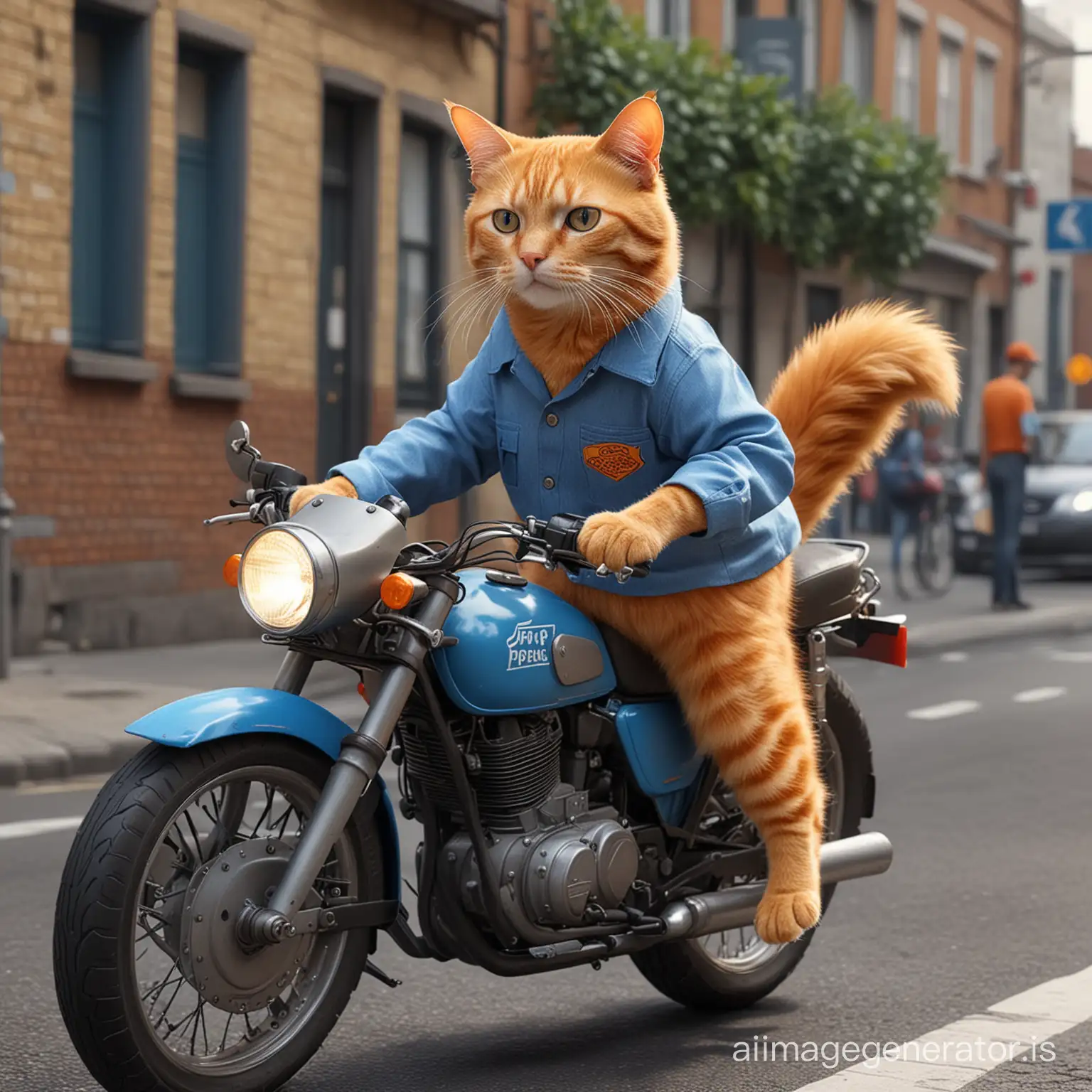 Make a picture of an orange cat wearing a pizza worker's shirt riding a blue motorbike, in the background of the street,wide, 8k super realistic