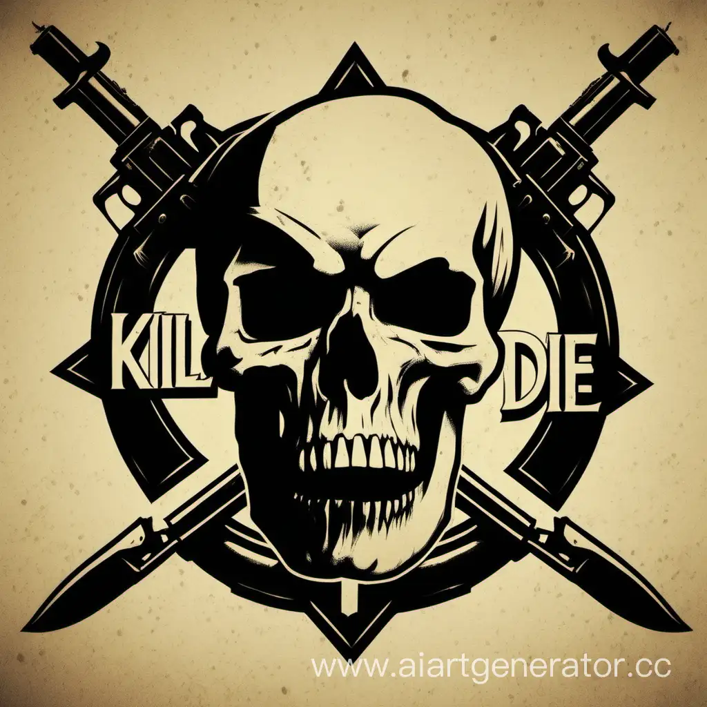 Сделай лого для клана с названием "Kill or Die", в формате второй мировой войны. Используй для этого череп разделенный на две части. Слева целый, справа пробитый пулей.