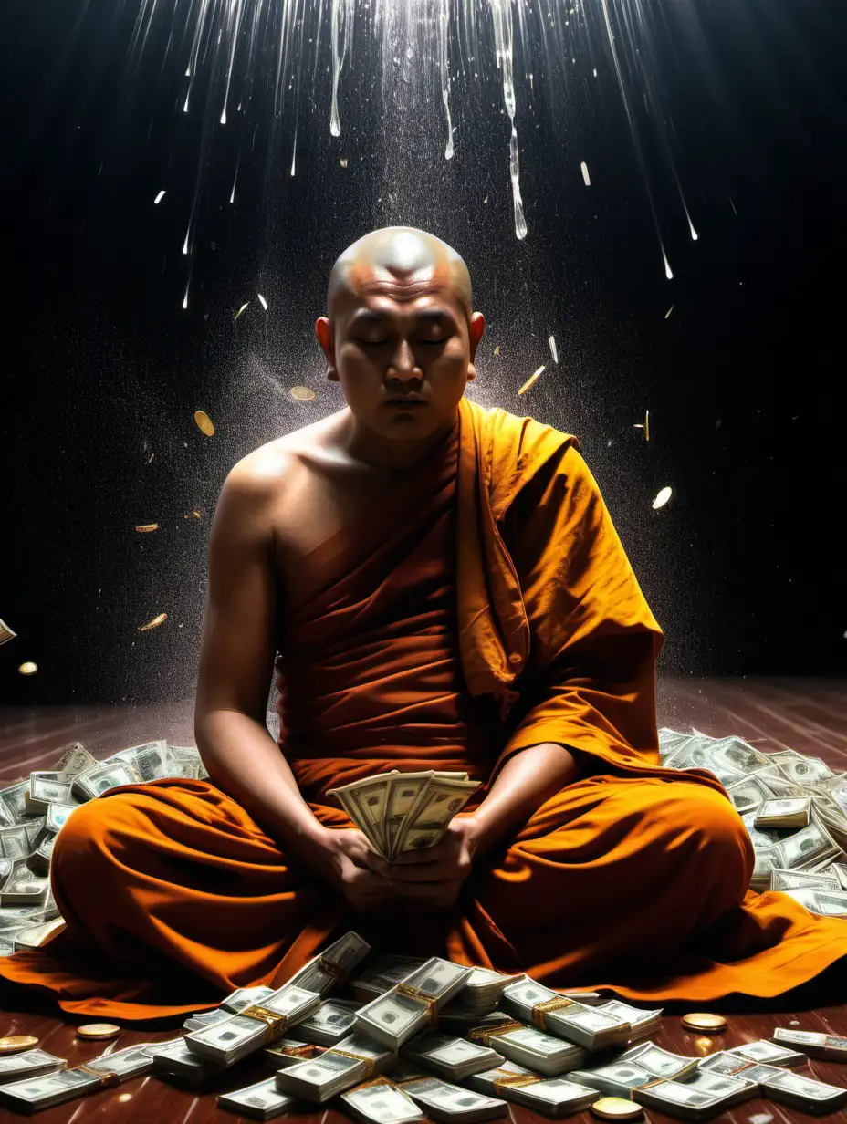 Visualize a powerful scene: picture Buddha Monk sitting down and money falling all over,bathed in a warm, . image.HD, 8K