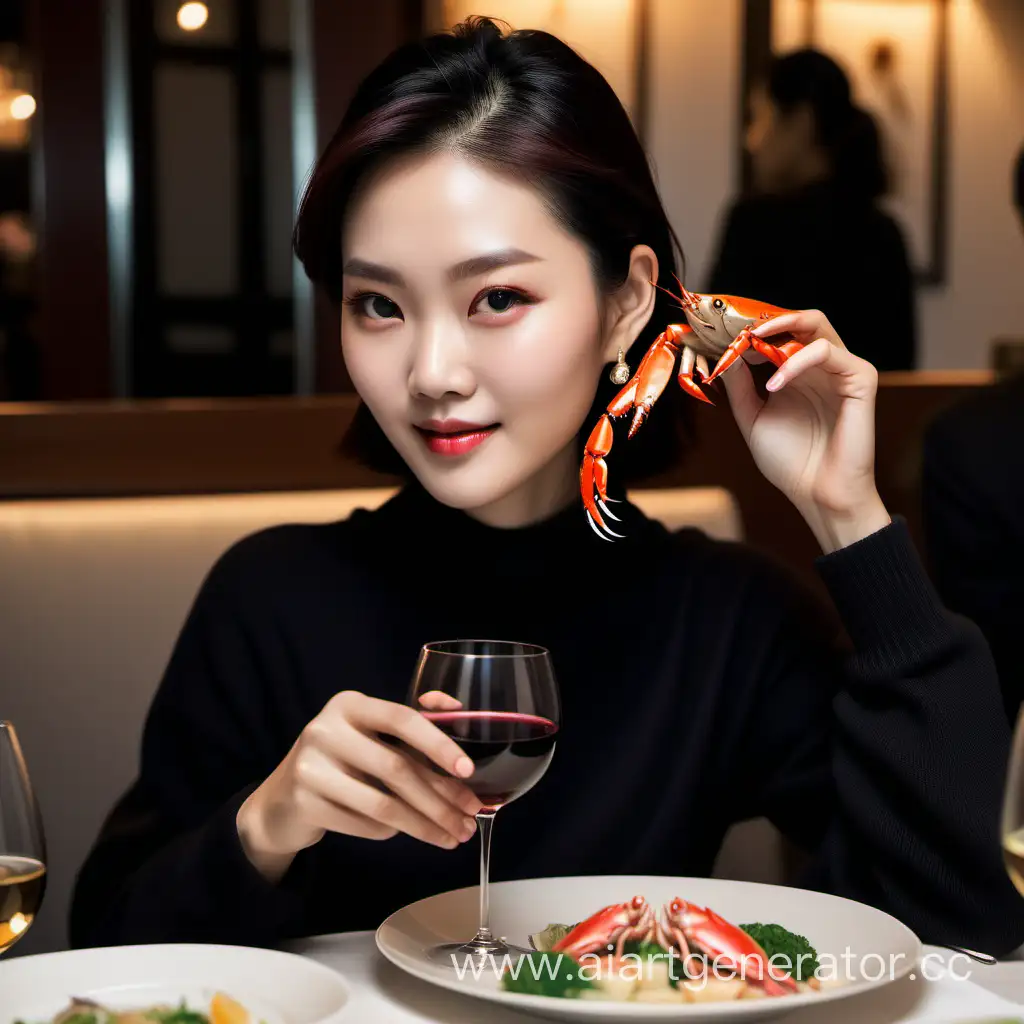 Stylish-Chinese-Woman-Enjoying-Crab-Dinner-with-Friends-in-Luxurious-Restaurant