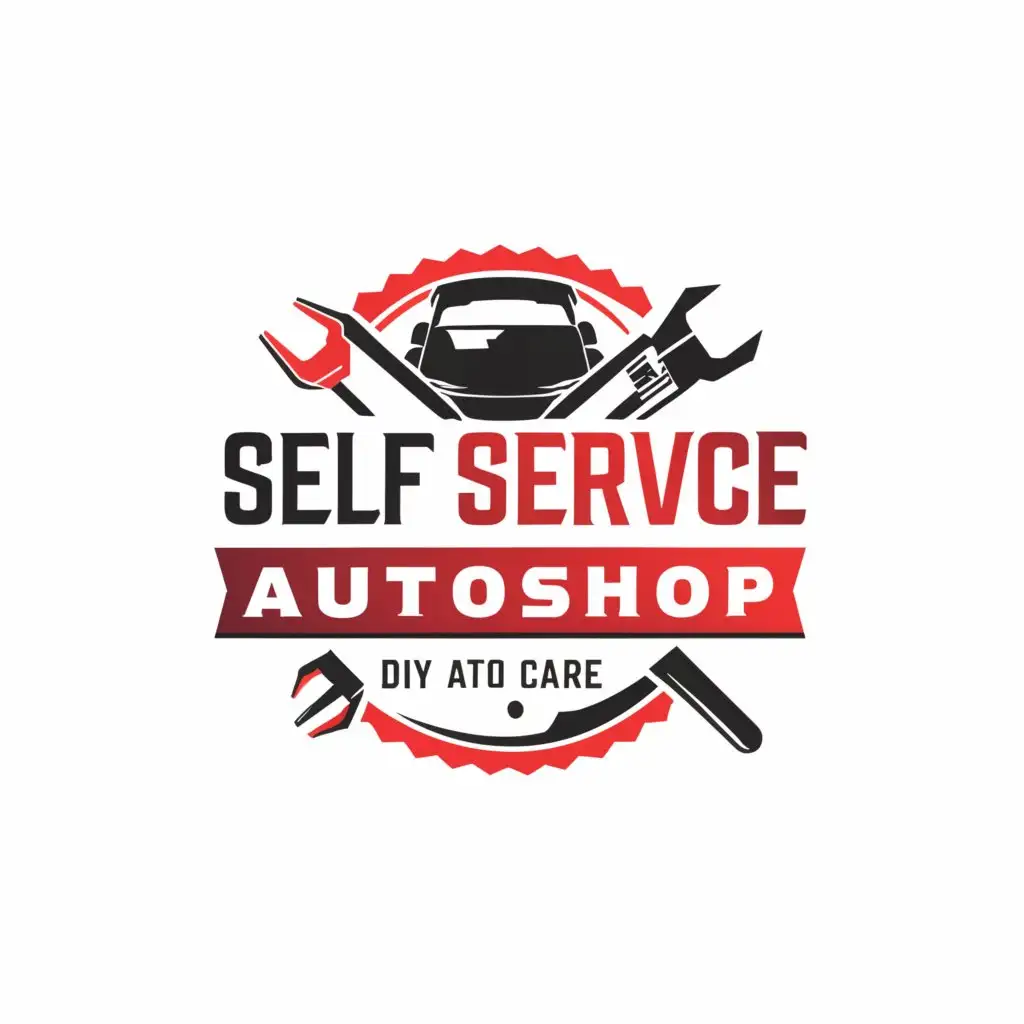 a logo design,with the text """"
Self Service AutoShop
"""", main symbol:tools for related auto shop the text is color red the tagline is "DIY AUTO CARE" and oblong shape logo and please make usre the spelling is correct white background only,complex,be used in Automotive industry,clear background