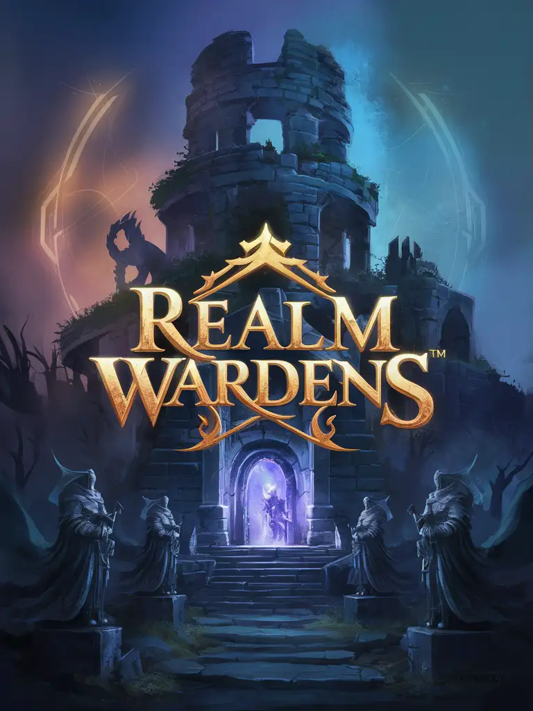 STYLIZED GAME ART WITH LOGO ONLY "REALM WARDENS" LOOMING STATUES ANCIENT FANTASY RUINS TOWER PORTAL, SENTINEL WARDEN