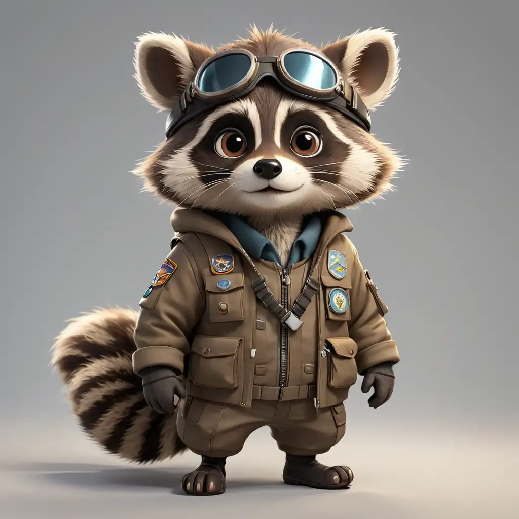 Cartoon Raccoon Pilot in Fullbody Aviator Outfit on Clear Background