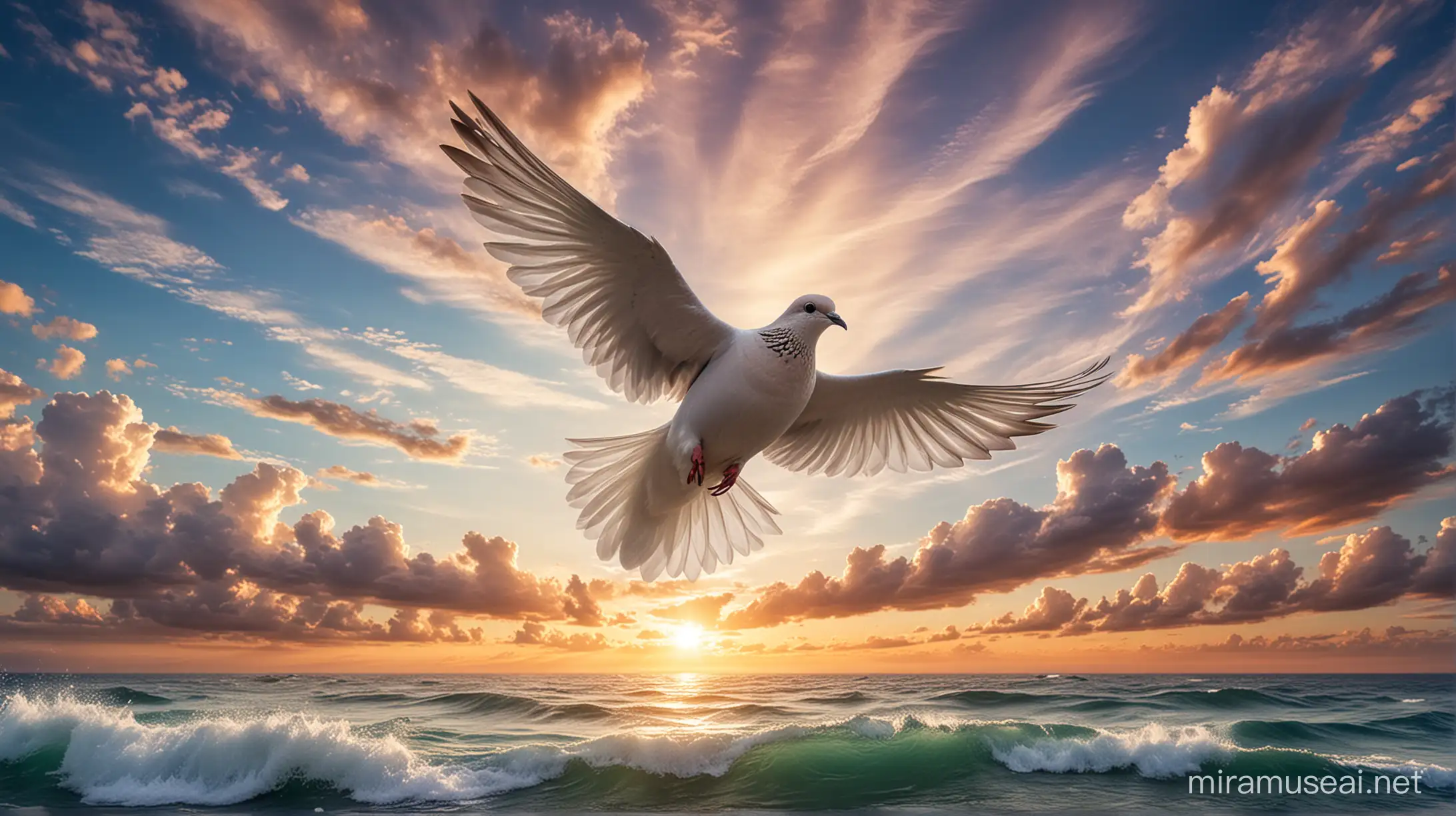 A picture of a Dove flying in a magnificent sky over the ocean.