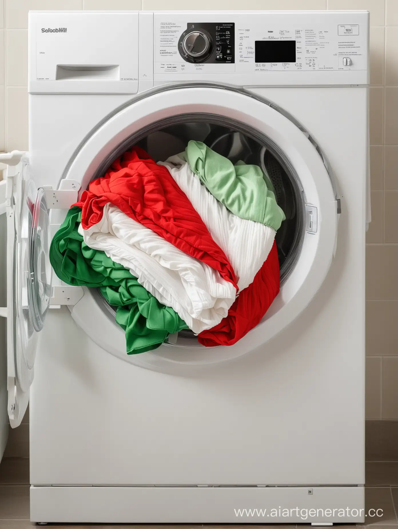 сложенные вещи красного, белого и зеленого цвета лежат на стиральной машине в ванной комнате светлых оттенков