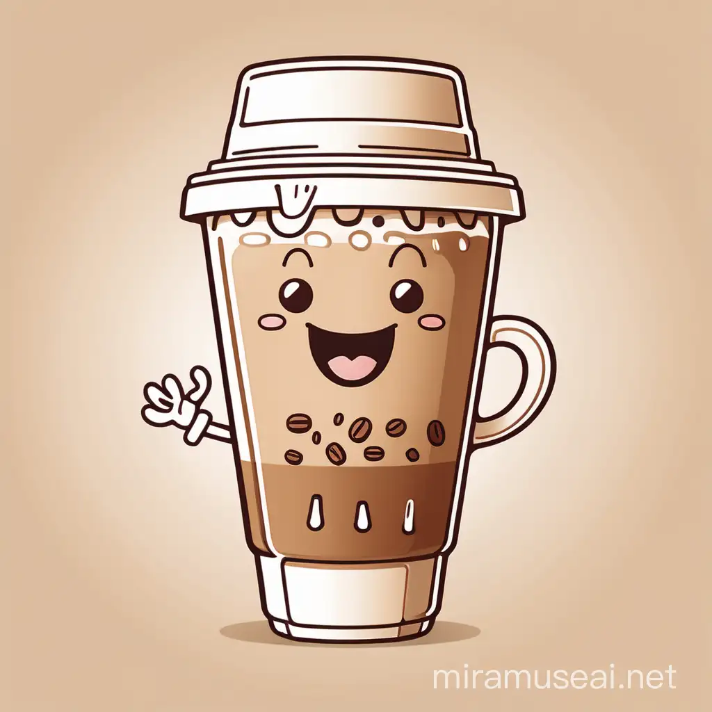 A delightful retro vector illustration featuring an adorable coffee cup mascot. The mascot is a personification of the iced coffee, wearing a cute hat and a cheerful expression. It's depicted in a single lineart style, bringing a vintage and nostalgic charm. The overall mood of the illustration is playful and inviting, making one crave for a refreshing iced coffee on a warm day.
