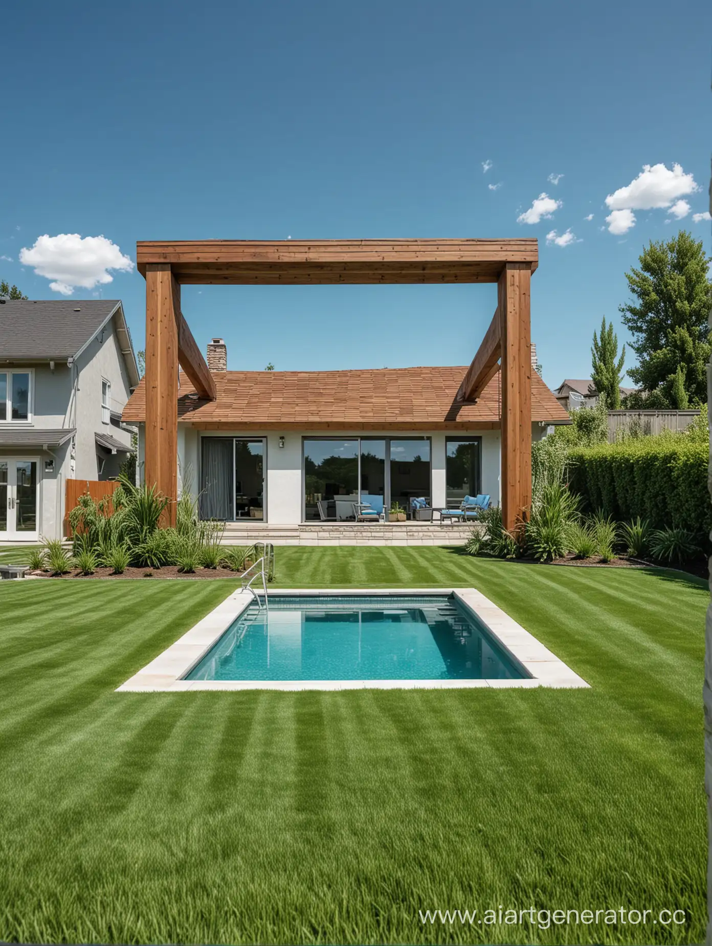 background, bottom view, blue sky, there is a house in the distance, a frame pool in front of it, a green mowed lawn in the foreground