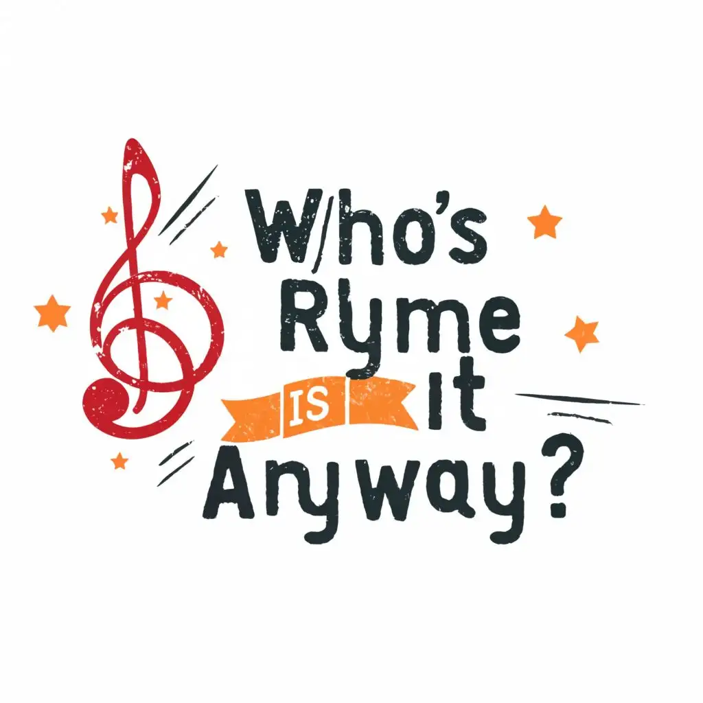 logo, music note, with the text "Who's Rhyme Is It Anyway?", typography