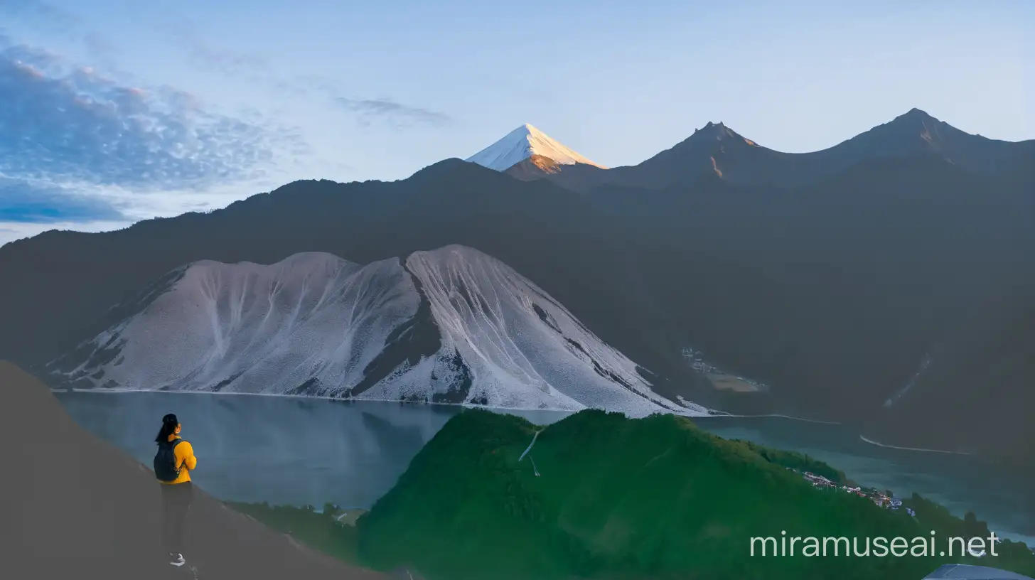 a black hair young girl is looking at the mountain in the daybreak, a lake is under the mountain
