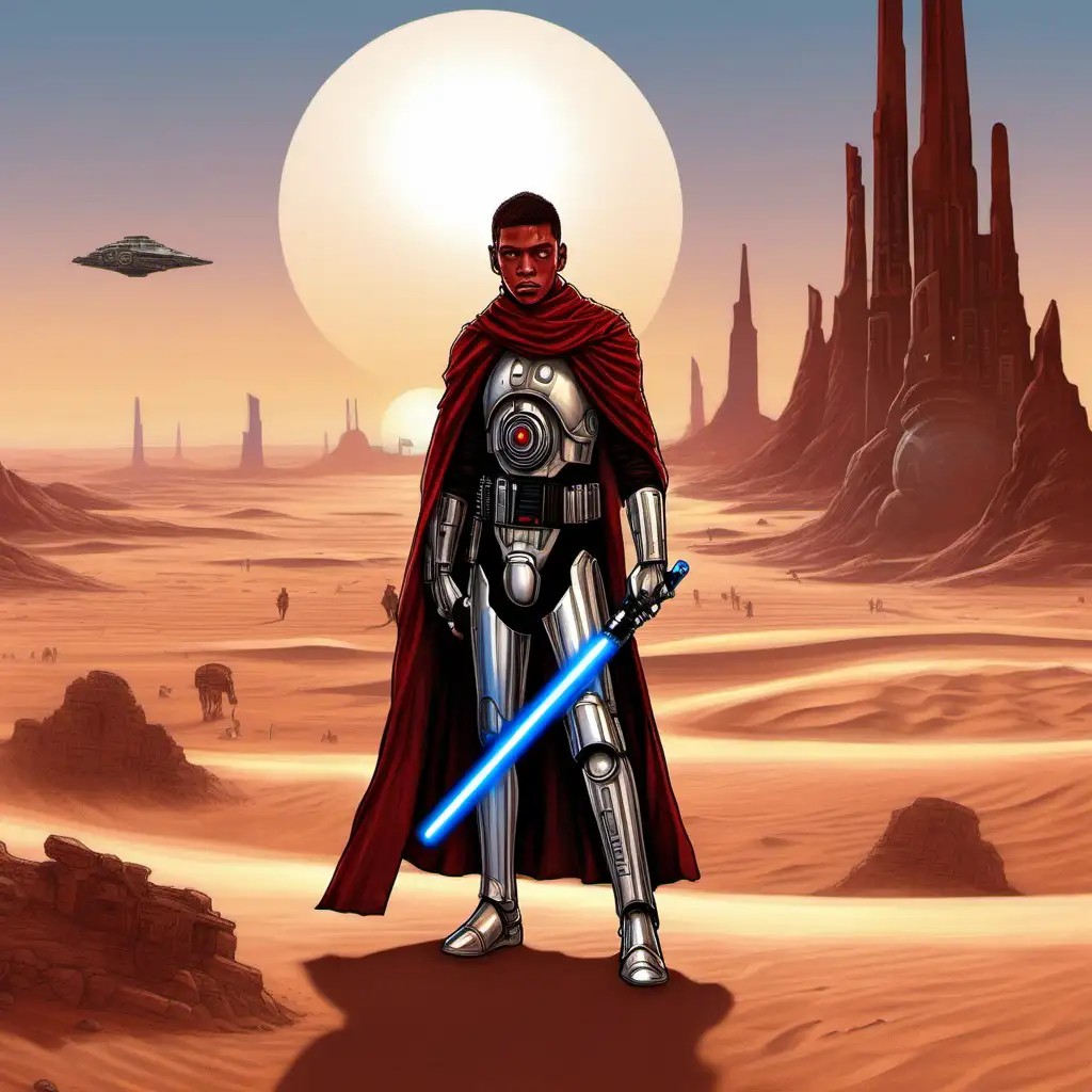 cyborg, young man, Sith apprentice, red lightsaber, Tatooine, desert, Star Wars art