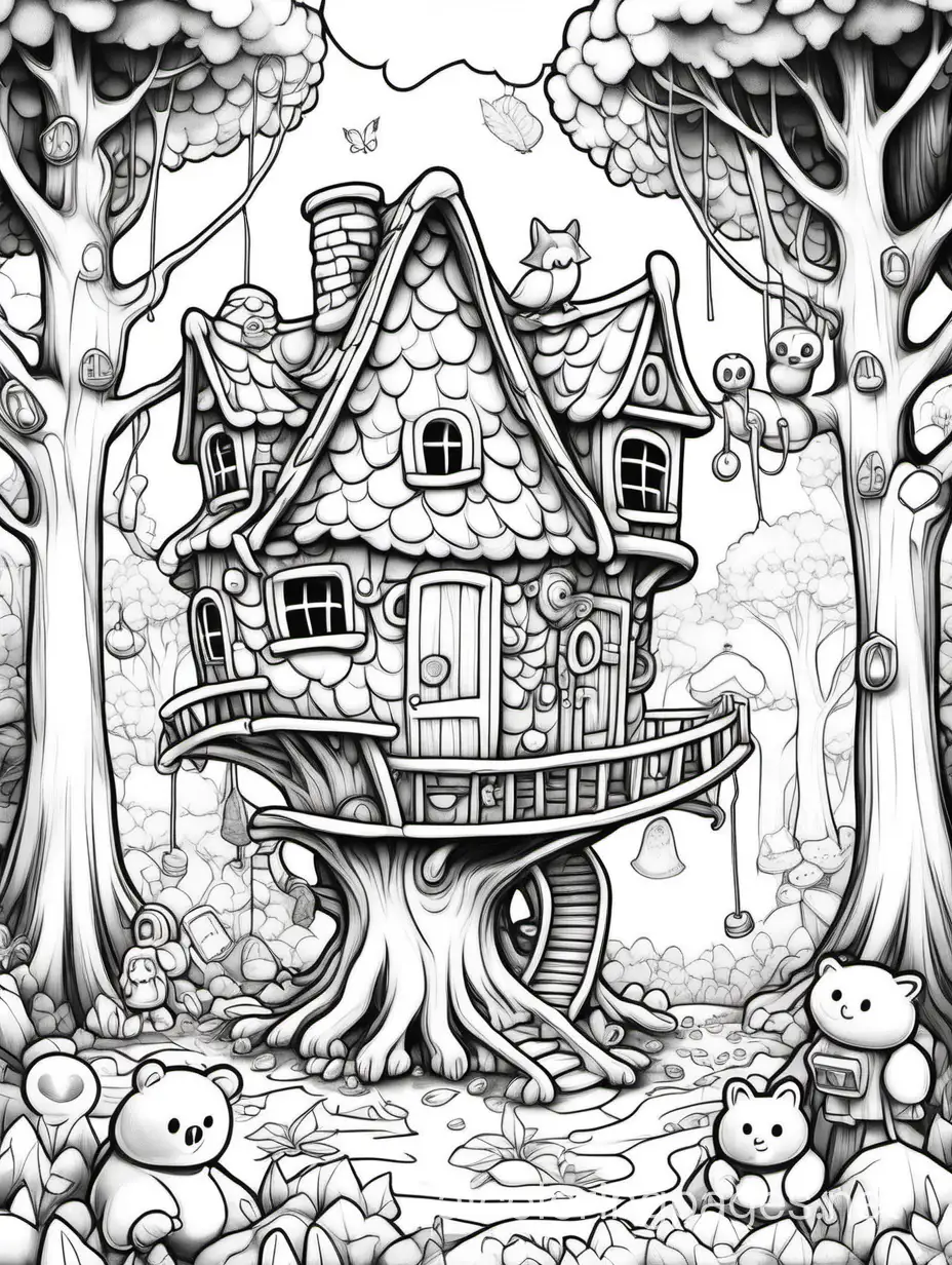 Create an imaginative and enchanting story where a group of friends discovers a magical treehouse in the heart of a mystical marshmallow forest. Unveil the secrets, adventures, and unexpected wonders that await them in this sugary, marshmallow-filled world. Be sure to include the presence of the mysterious marshmelo, a friendly creature who helps guide the friends on their whimsical journey, Coloring Page, black and white, line art, white background, Simplicity, Ample White Space. The background of the coloring page is plain white to make it easy for young children to color within the lines. The outlines of all the subjects are easy to distinguish, making it simple for kids to color without too much difficulty