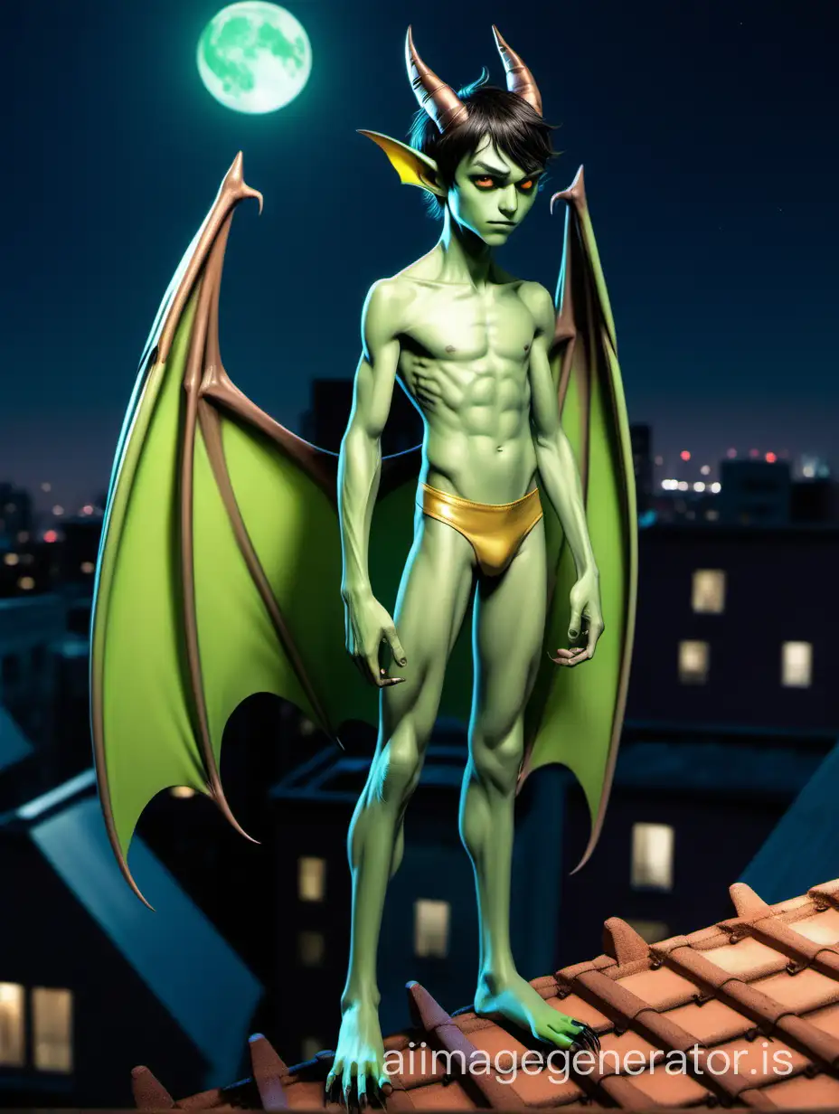 A 14 years boy with light-green skin. He is skinny. He has large light-green bat-like Wings on his Back. He has a Tail. He has dark Hair. He has a boyish face and looks about 14 years old. He wears a Speedo, becaus he has a big package. He has Claws on his hands and claws on his feets. On his forehead two small horns. Its a night scene on a rooftop. He has long legs Show the entire boy in a long shot.