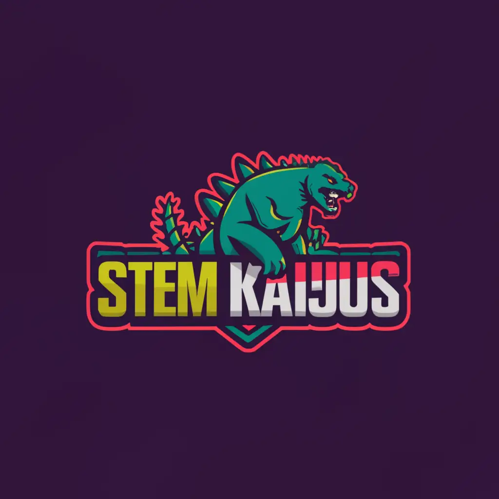 a logo design,with the text "STEM Kaijus", main symbol:Godzilla, with colors Purple, Red and a hint of Green,Moderate,clear background