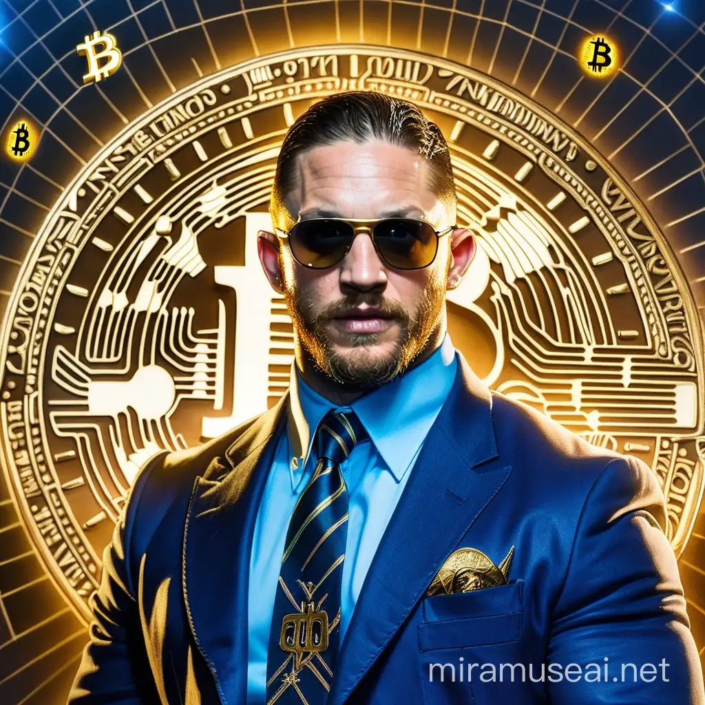 Tom Hardy, a golden prophet, blue light aura, wearing sunglasses, Bitcoin symbol in the background.