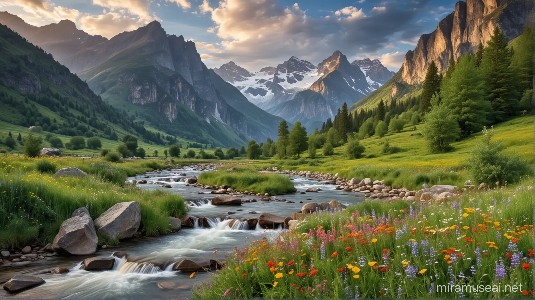 Imagine/ beautiful landscape, mountains, River side,trees,clear sky with fewer clouds,peaceful place,wild flowers,ideal place to live