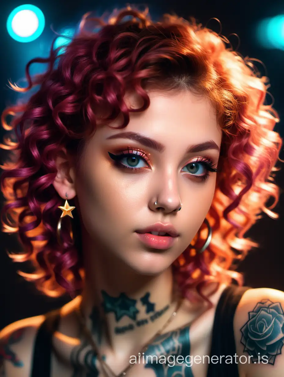 Beautiful girl avatar, shiny makeup, eyeliner, curly hair with a side fringe, apricot-colored hair, piercing, star earrings, expressive eyes, juicy plump lips, realistic, tattoo on the neck, professional photo, 4k, bright lighting, neon lighting, high resolution, high detail, aesthetic, beautiful, 30mm lens, f/2.8, ISO 100, 1/250s, soft lighting, close-up ©Ludmila