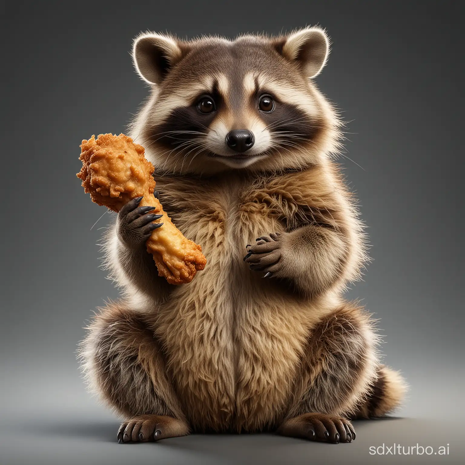 A very cute chubby Raccoon with very detailed fur is holding with both hands a deep fried breaded chicken drumstick,  this is a full body portrait shot on a fully transparent background rendered in a  very Realistic high resolution 64 bit photo quality rendering.
