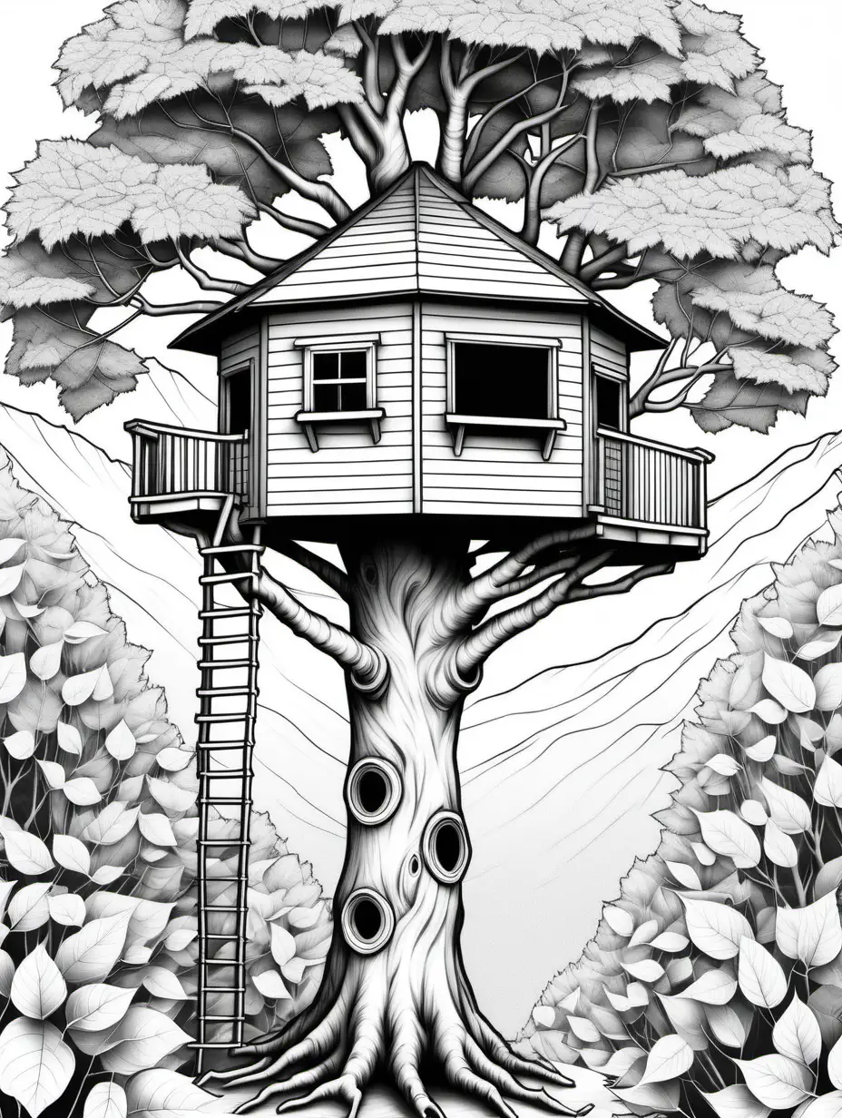 an octagon style tree house in an aspen tree coloring book, black and white, individual aspen leaves, no shading, no background, thick black outline