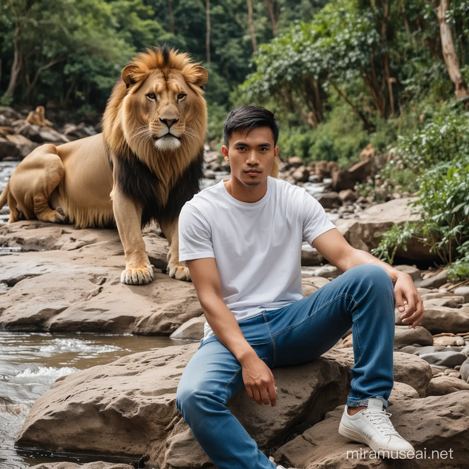 Foto pria indonesia umur 25 tahun,rambut pendek,baju kaos putih,celana jeans biru,disampingnya ada singa yang besar,mereka duduk berdampingan lokasi sungai yang berbatu dan hutan lebat