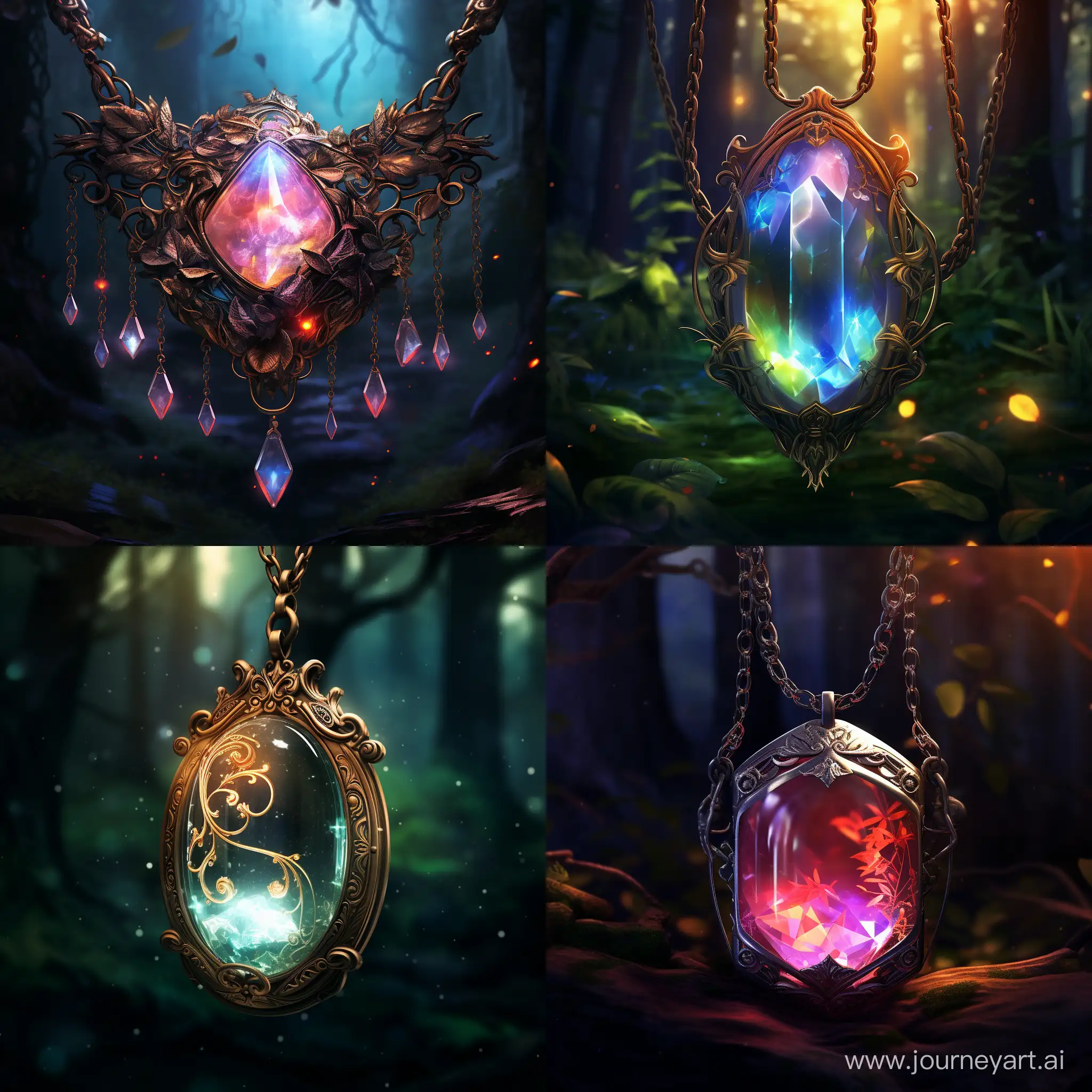 Image of transparent gemstone necklace with magical glow, fantasy, digital art