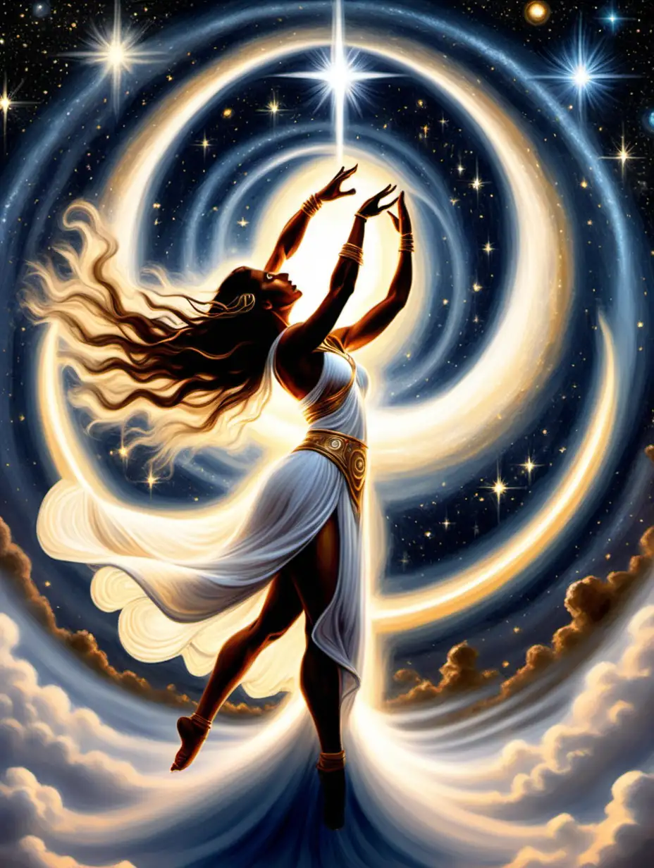 make a picture from this: 
As the Light Warrior and Intuitive Goddess unite, a sacred dance unfolds. His valor meets her intuition, creating a cosmic ballet of strength and wisdom—a love story written in the stars.