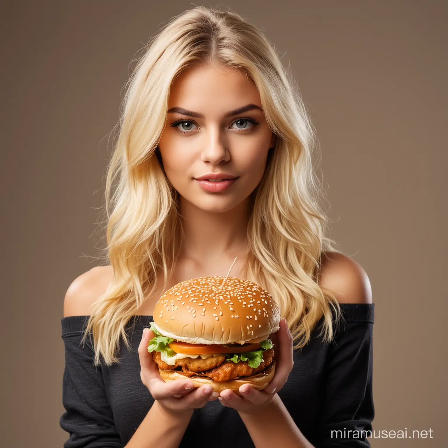 Attractive Young Woman Enjoying Crispy Chicken Burger