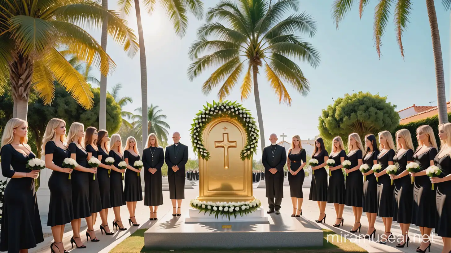 ein Begräbnis, mit 50 blonden Frauen in kurzen schwarzen Kleidchen und Highheels, mit einem alten Priester, mit einem imposanten goldenen Grabstein, unter Palmen im Sonnenschein, mit großen Blumenkränzen auf dem Grab