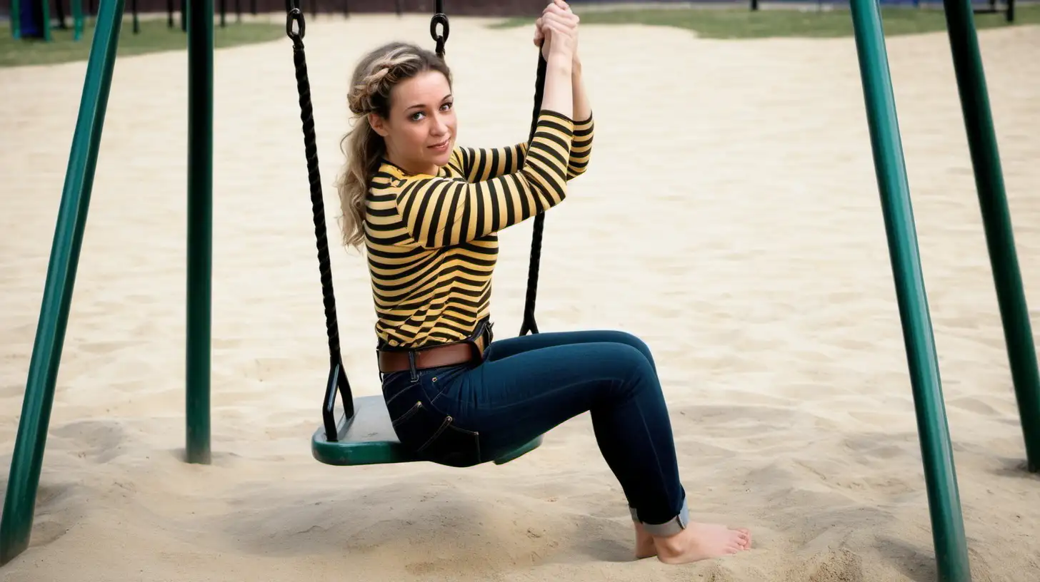 Young Woman Swinging Playfully in Playground