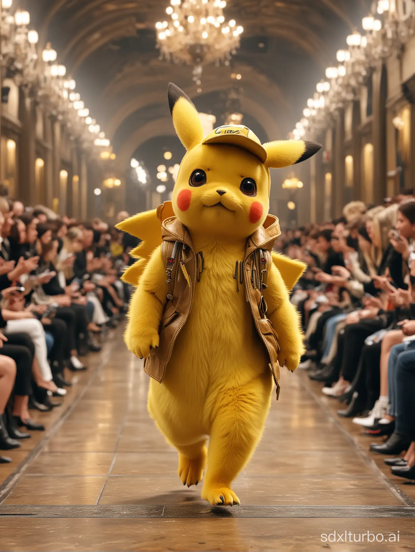 Masterpiece, top quality, super fine, very fine, 4K, 8K, top quality, beautiful, realistic, real, Pikachu from Paris Collection walking the runway, walking, (full-body shot), (audience on both sides), Paris Collection runway, dragon, ultra-fine Pikachu, Paris Collection runway, (eccentric fashion), outrageous fashion, flashy fashion, Paris Collection