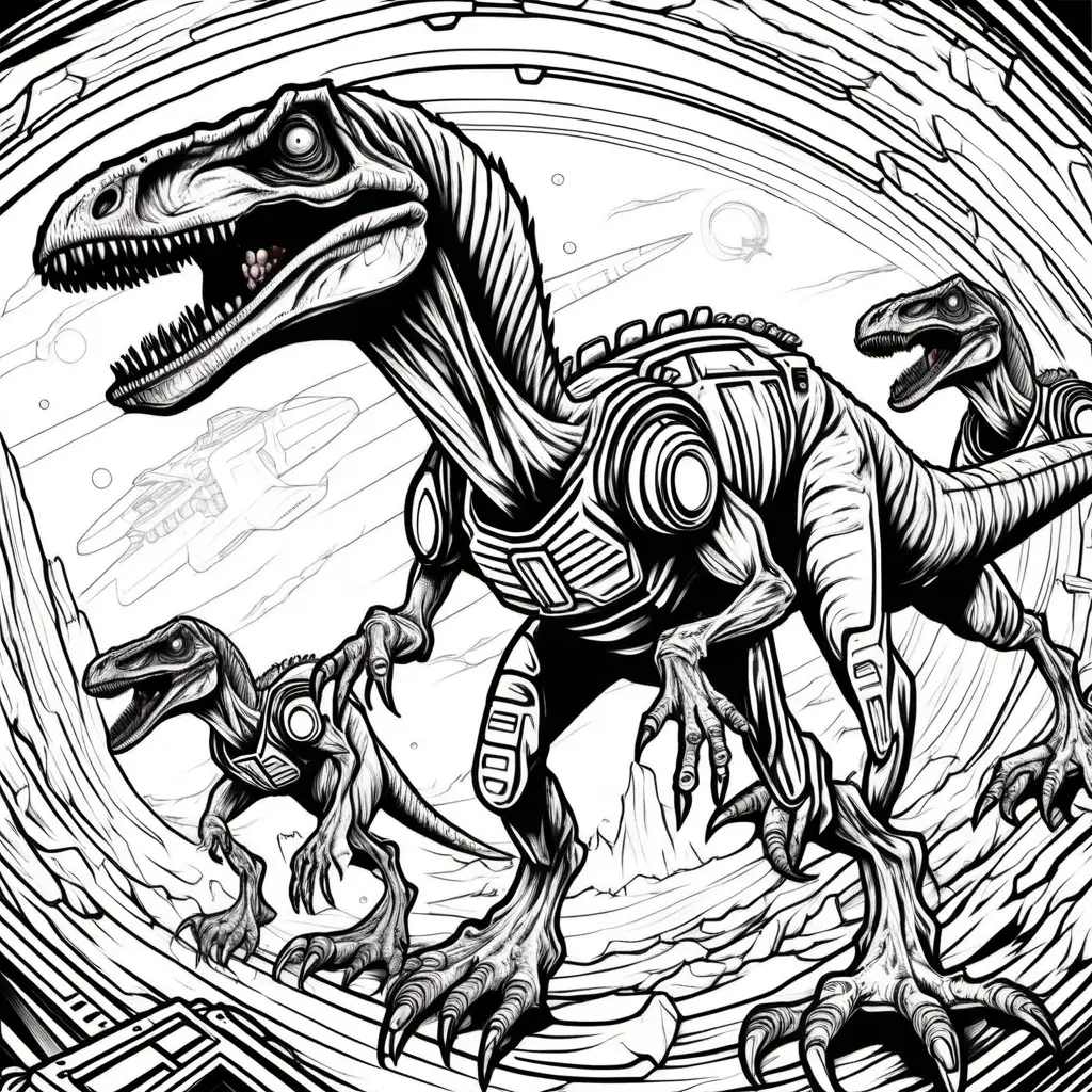 zombie velociraptor dinosaurs on spaceship, dark lines, no shading, coloring pages for children
