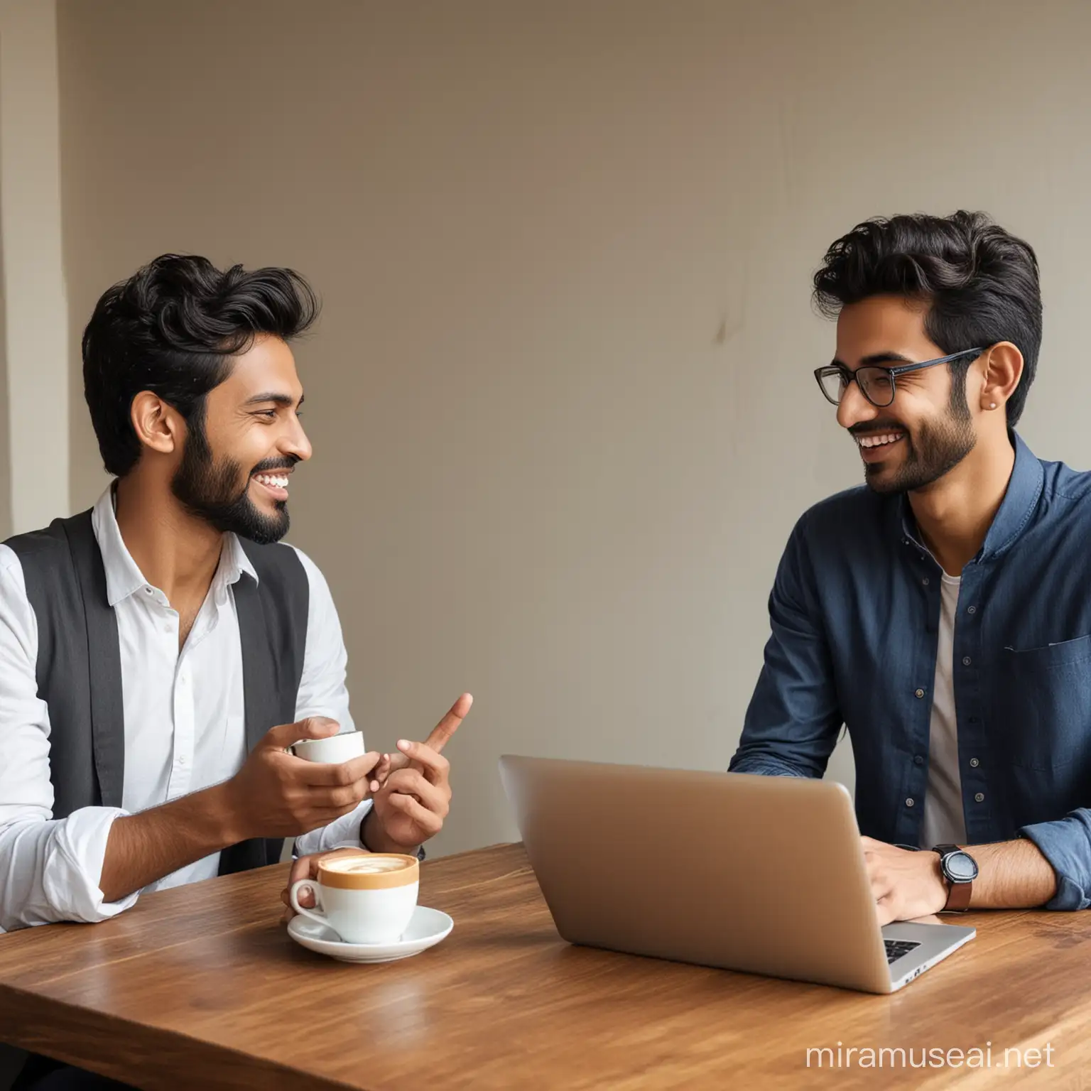 Two people having a conversation, perhaps over coffee, with laptops or tablets in front of them. They're engaged in discussion, perhaps gesturing and smiling, indicating a positive and collaborative exchange.
they both must be male from india
