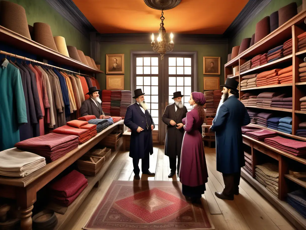 Photo-realistic, vibrant colors. Wide angle. Shopkeeper, employees and customers.  In a historic shop of a Jewish cloth merchant, anno 1875.