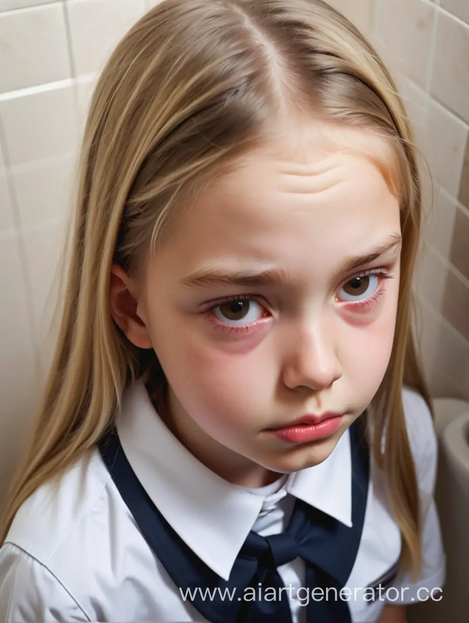 Sad-12YearOld-Girl-in-School-Uniform-TopView-Portrait-in-Toilet-Setting
