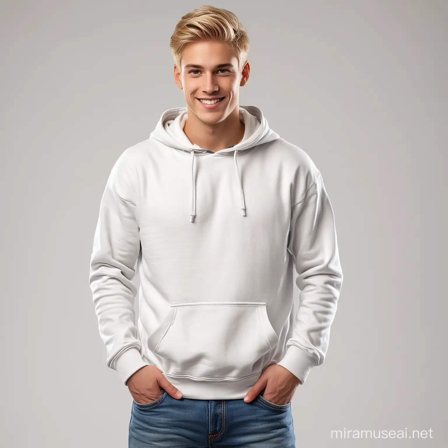 A standing photorealistic attractive smiling blond man 20 years old in jeans and a white Pocket Hoodie, a front view of half body perpendicular to the lens in a photographic studio isolated on a white background.