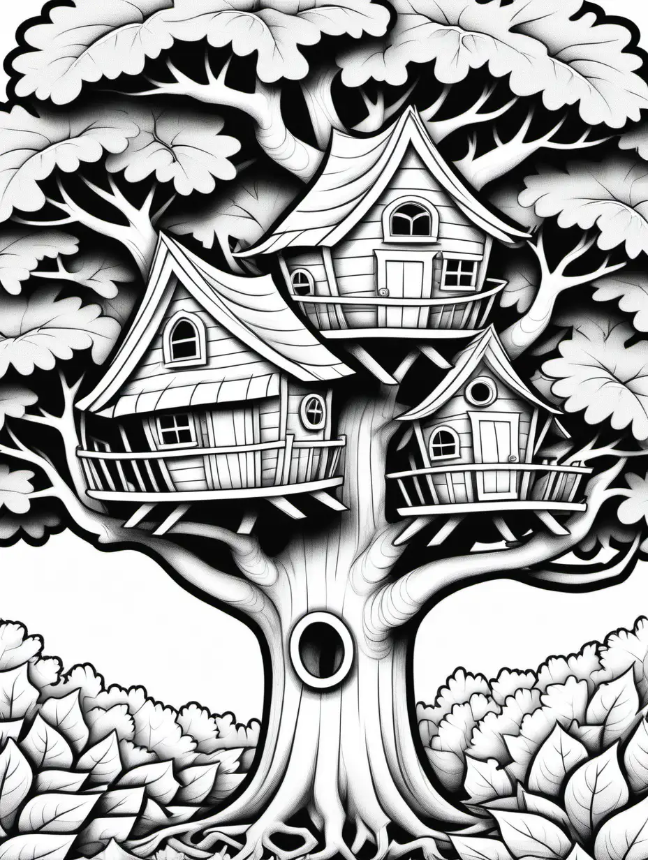 multiple tree houses in oak trees coloring book, black and white, individual leaves, no shading, no background, thick black outline