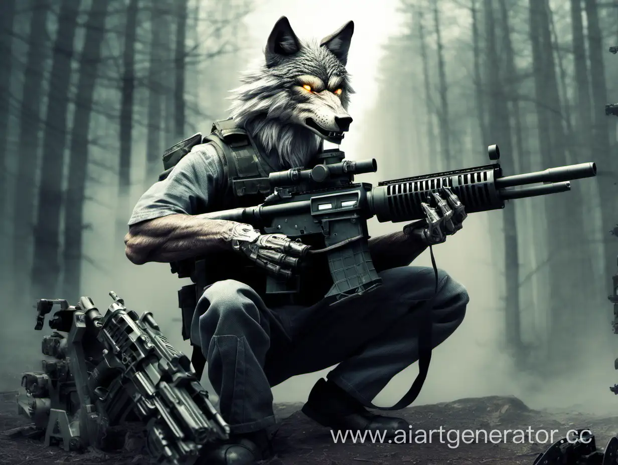 Wolf with a machine gun