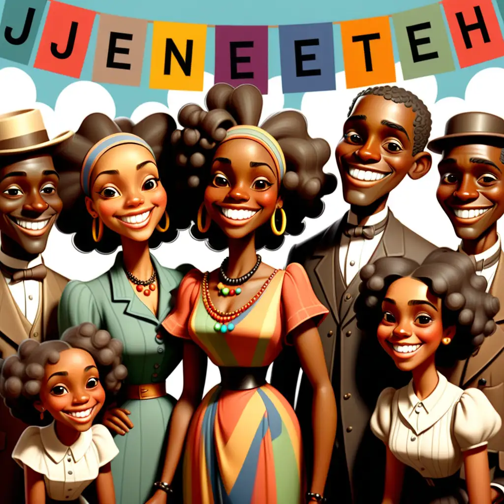 Vintage Cartoon African Americans Celebrating Juneteenth with Colorful Sign