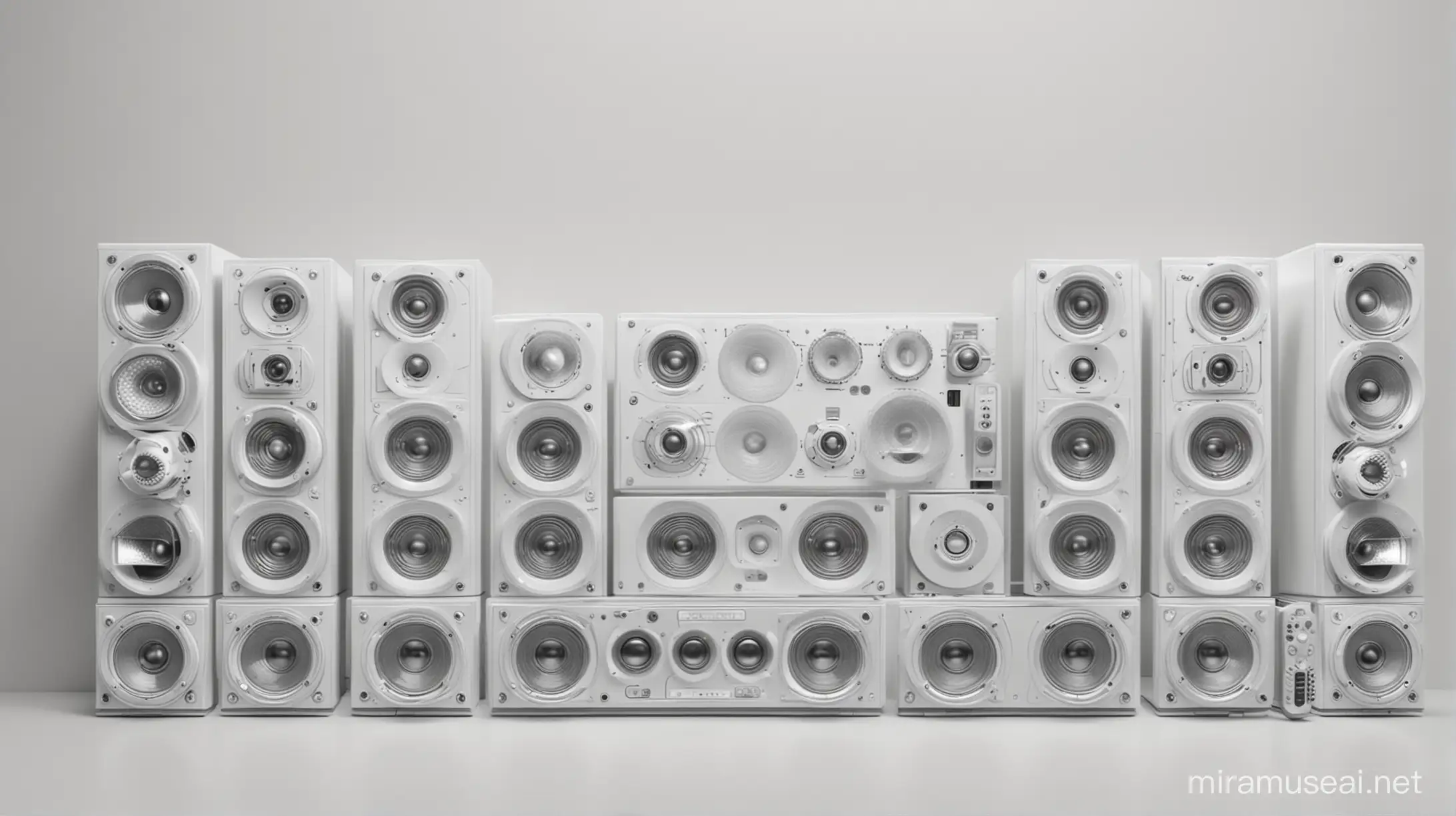 HyperRealistic White Wall of 2000s Style Speakers with LED Lighting