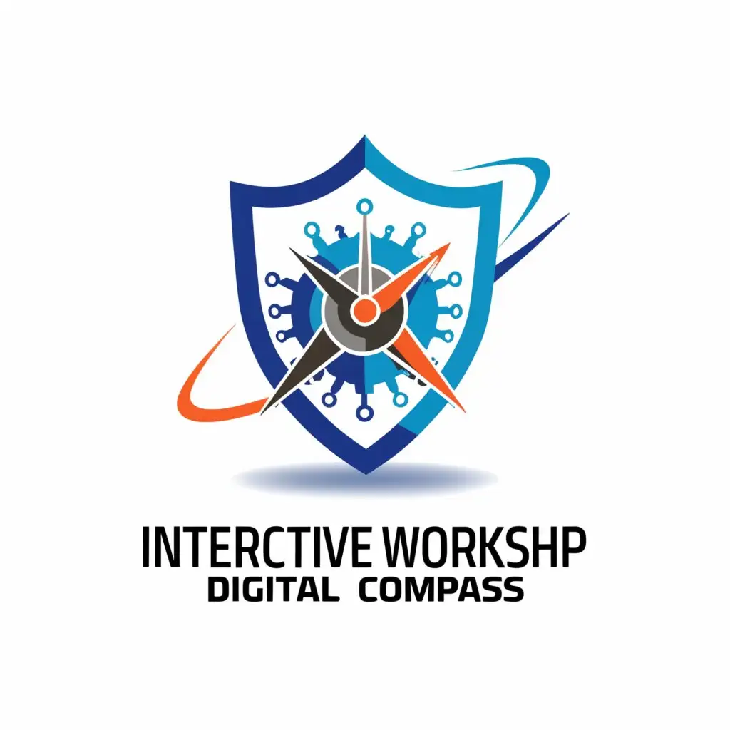 a logo design,with the text "Interactive workshop "Digital Compass," a project on educating children about digital safety. Against cyberterrorism, against bullying.", main symbol:shield,Moderate,be used in Technology industry,clear background