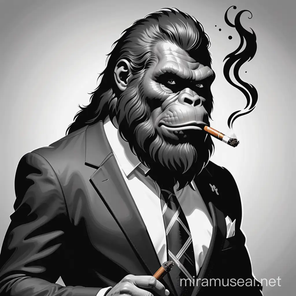 Bigfoot logo, black and white, bigfoot in a business suit, smoking a pipe
