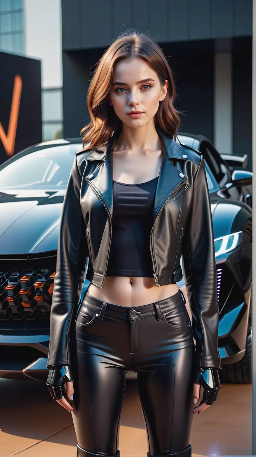 Stylish Woman Posing with Futuristic Concept Car in Rock and Roll Theme