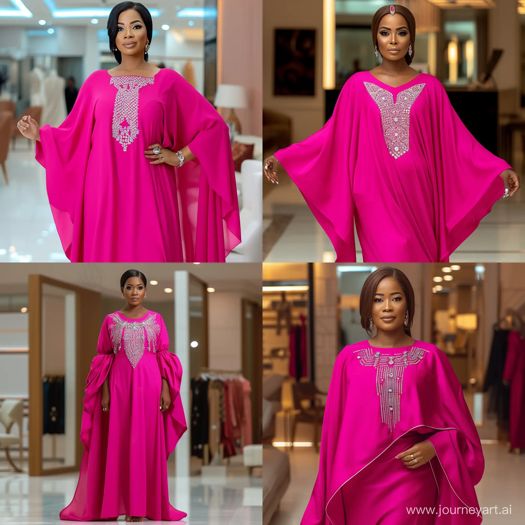 Create an image of a Nigerian woman with a medium build, dressed in a traditional Boubou garment in a bright fuchsia. The Boubou is tailored from smooth, lightweight crepe with wide, flowing sleeves. It features elegant silver and fuchsia diamond embellishments on the front. Her hair is styled in a simple, refined manner. The setting is a showroom, showcasing her poise and the rich cultural heritage of her traditional dress.