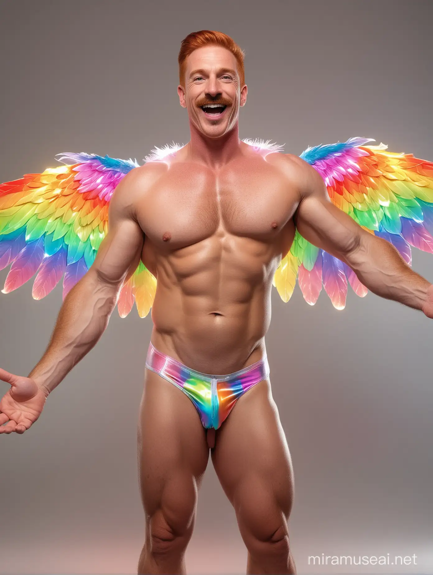 Topless 40s Ultra Chunky Bodybuilder moustache Redhead Daddy with Great Smile wearing Multi-Highlighter Bright Rainbow with white Coloured See Through Huge Eagle Wings Shoulder Jacket led lights Short shorts left arm up Flexing