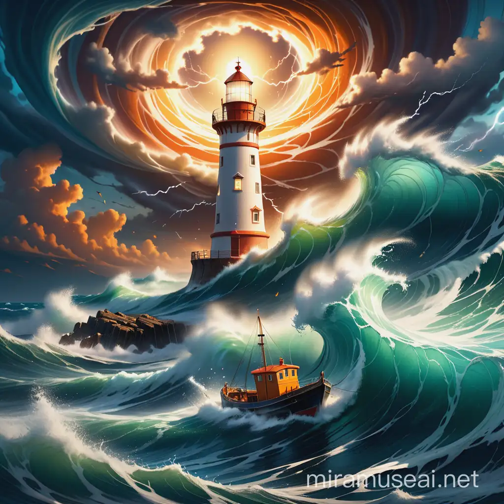Dramatic Lighthouse Amidst Chaotic Seascape with Tossed Boat and Stormy Skies