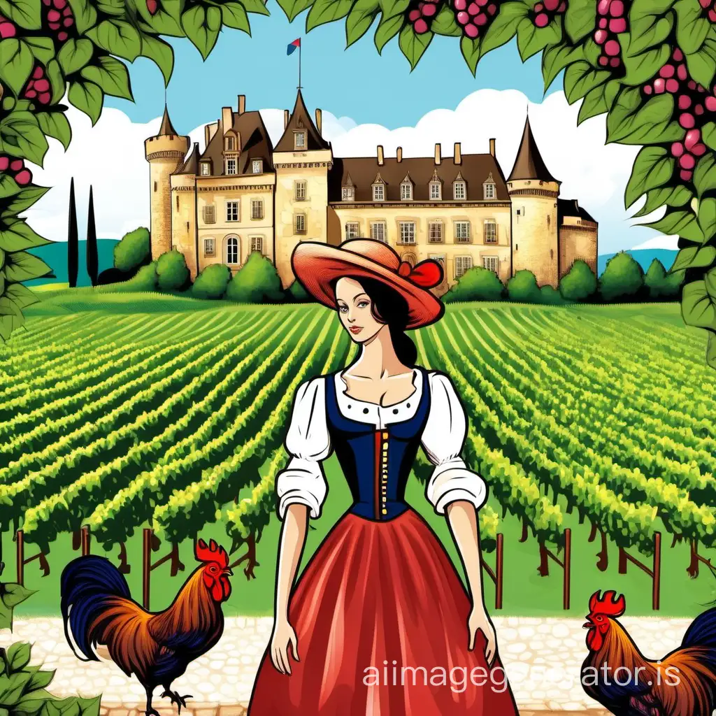 The country France in the image of a woman. Behind her, there is a French castle, a vineyard, and a rooster strolling.
