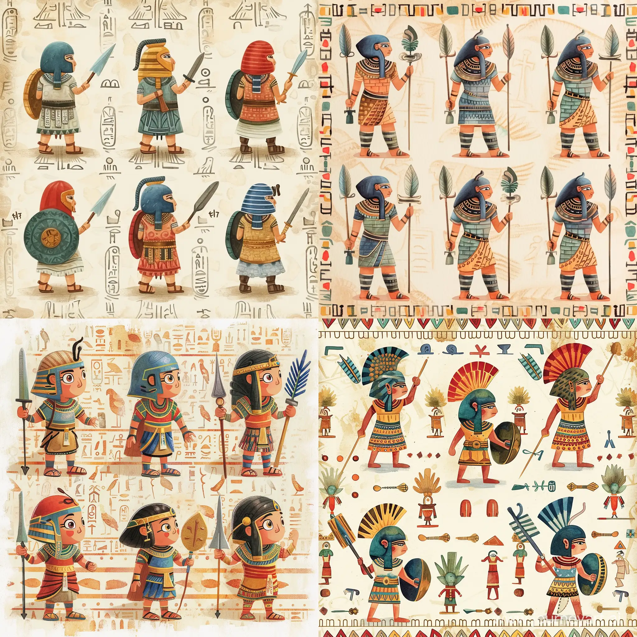 Six small figures of warriors of Ancient Egypt, against the background of the pattern of ancient Egypt, fabulous illustration, stylized caricature, Victor Nagi, watercolor, decorative, flat drawing
