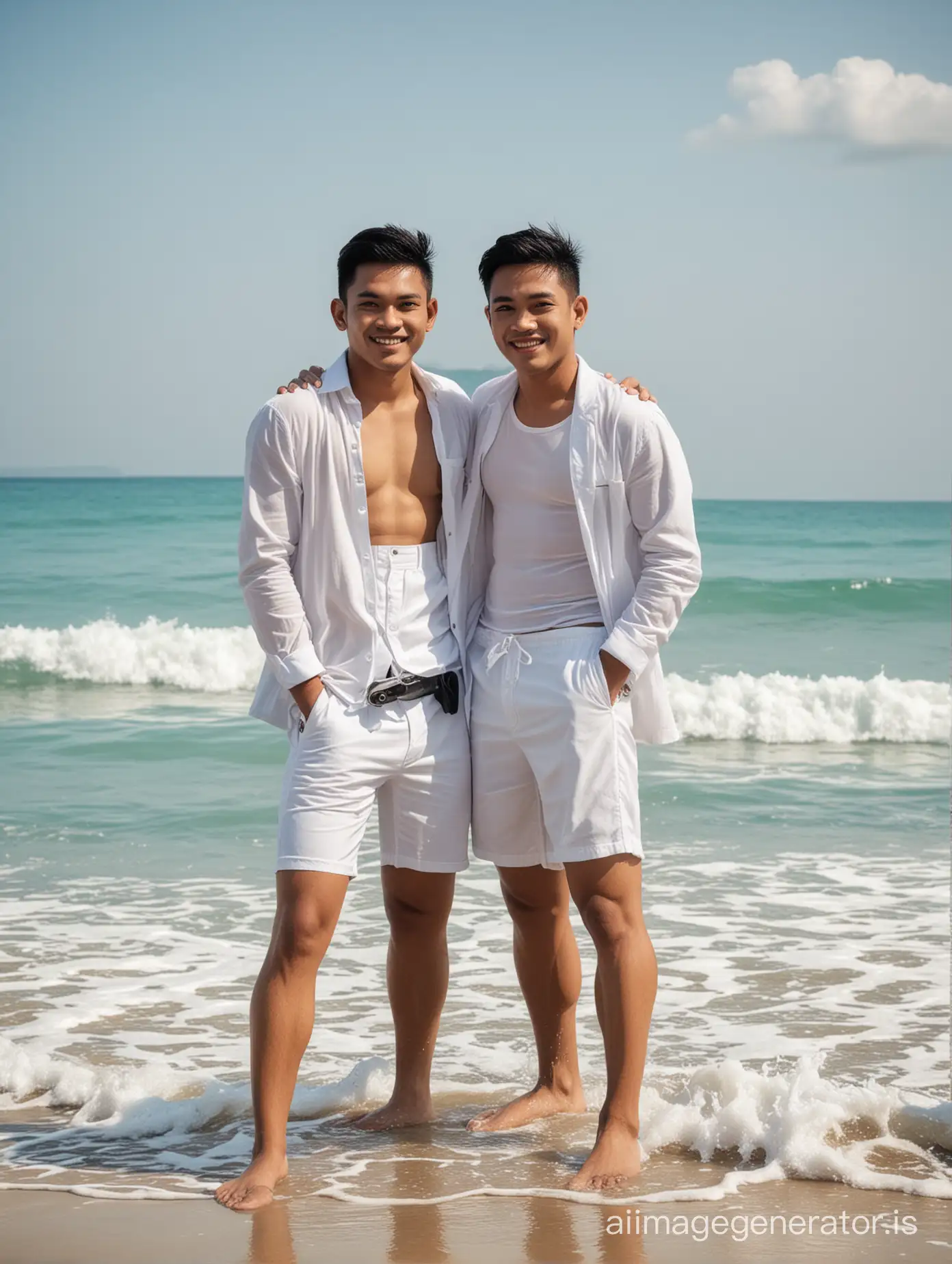 An Indonesian gay couple, wearing white boxer is taking photo at the beach, they are close together. Both in the sea water halfway to the waist.. blue sea water, beautiful background..