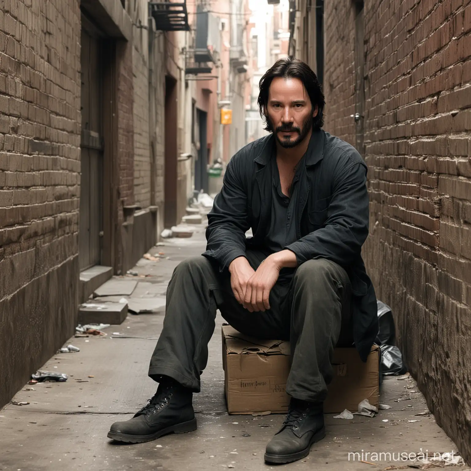 Keanu reeves , con ropa como vagabundo sentado
 en un callejon